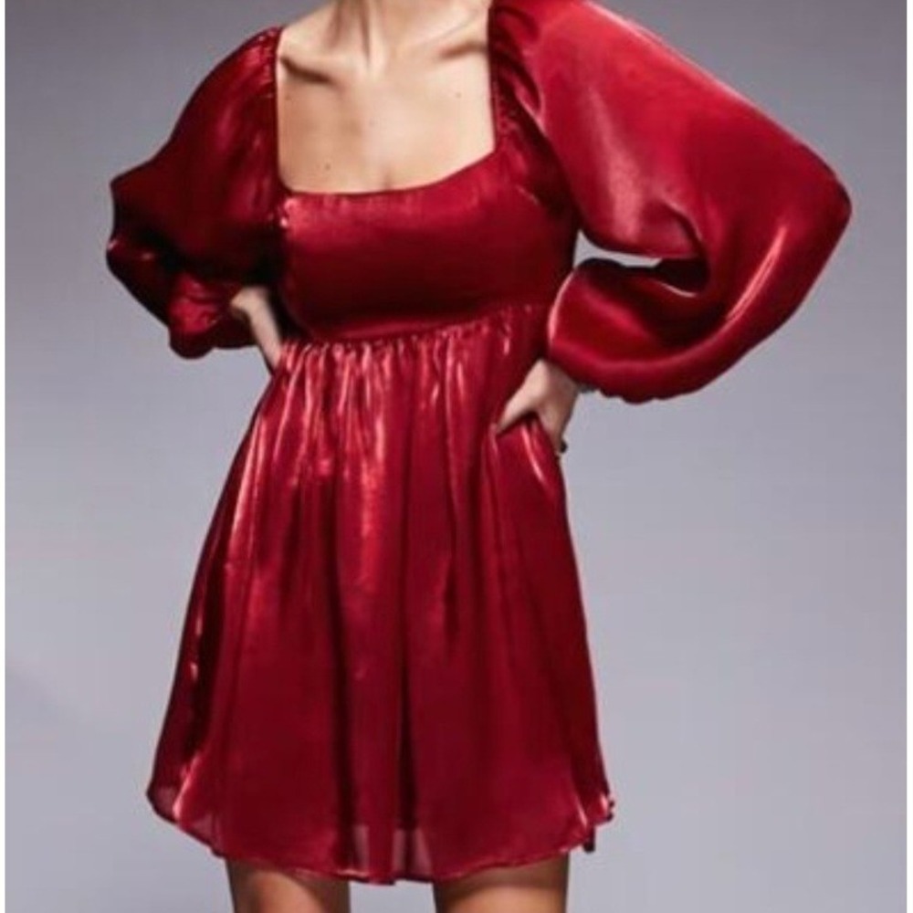 Red Babydoll Minidress Sheer Puff Sleeves Ruffled Cuffs Square Neckline Medium - Picture 3 of 10